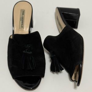 Karl Lagerfeld “Hettie” Black Suede Tassel Block Heel Mules EUC